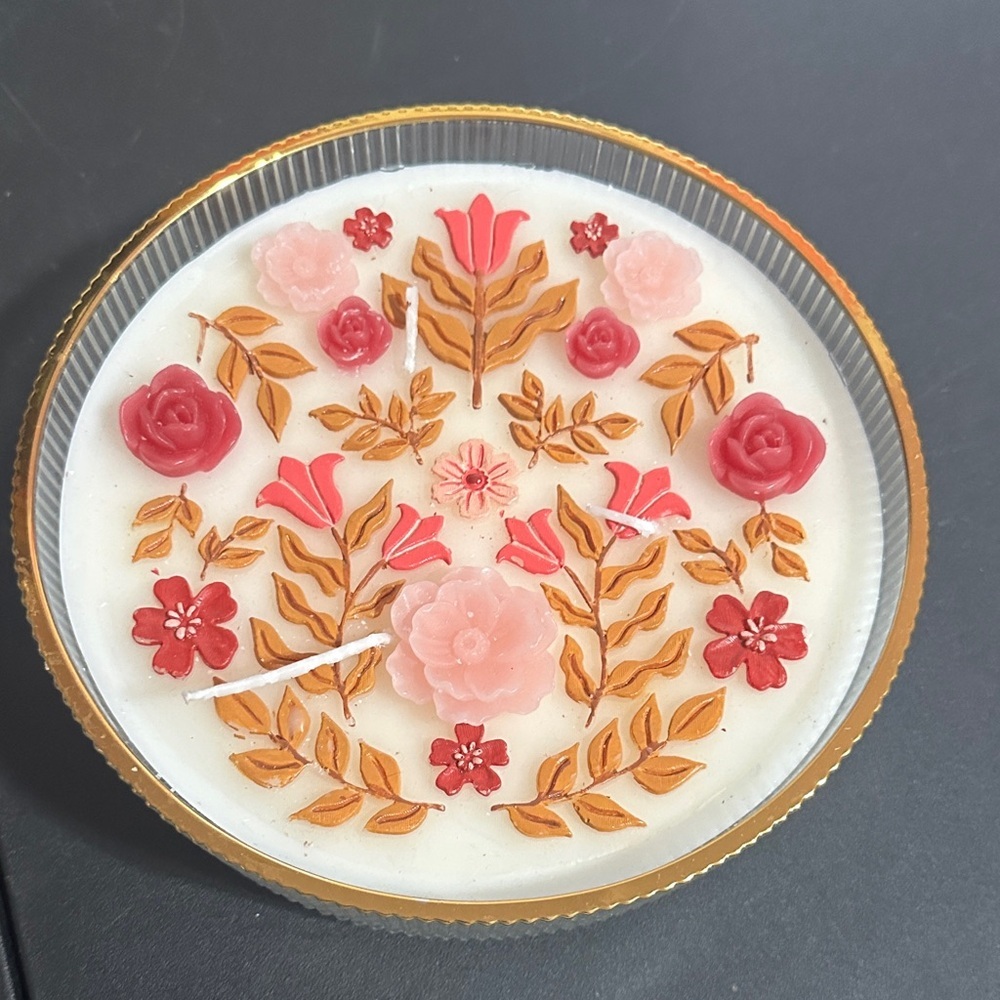 Floral golden hour scented glass candle with dish